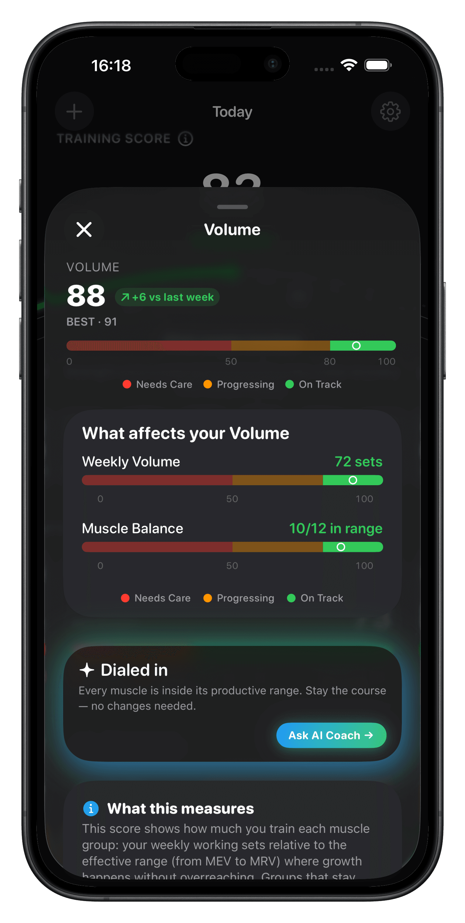 Genova Training Score exercise analytics screen