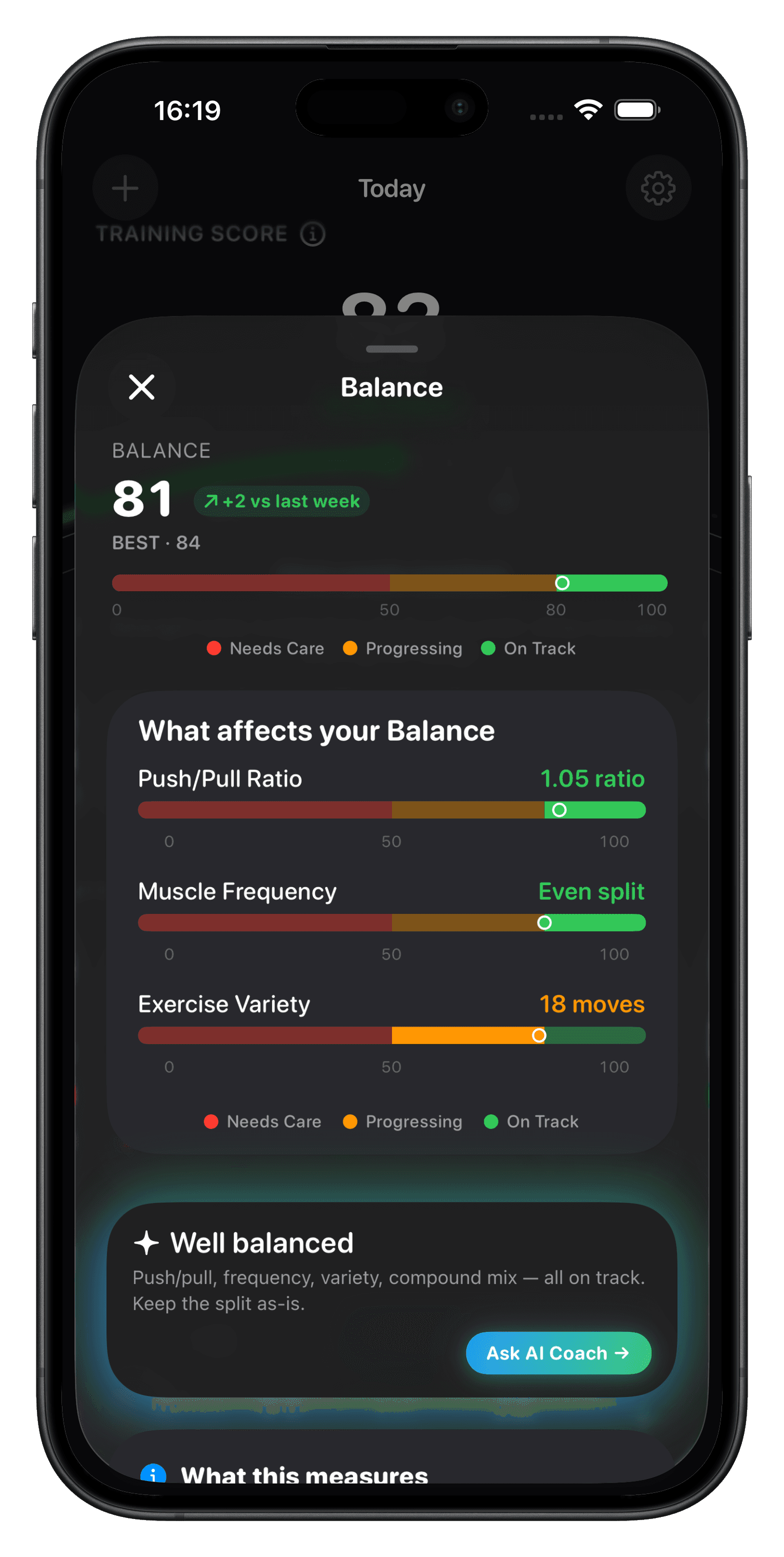 Genova Training Score body statistics screen